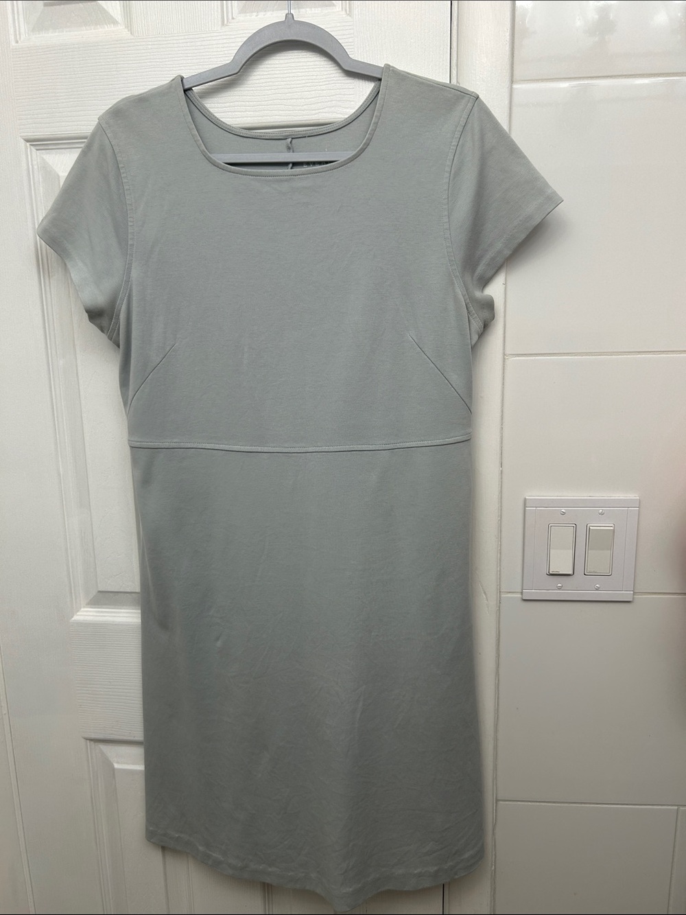 Everlane Short-Sleeve Mini Shift Dress in Pale Gray